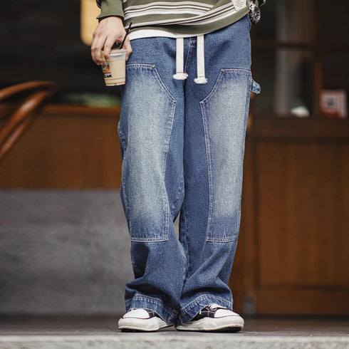 Vintage Double-Knee Lumberjack Jeans for Men – Distressed Wide-Leg Work Pants